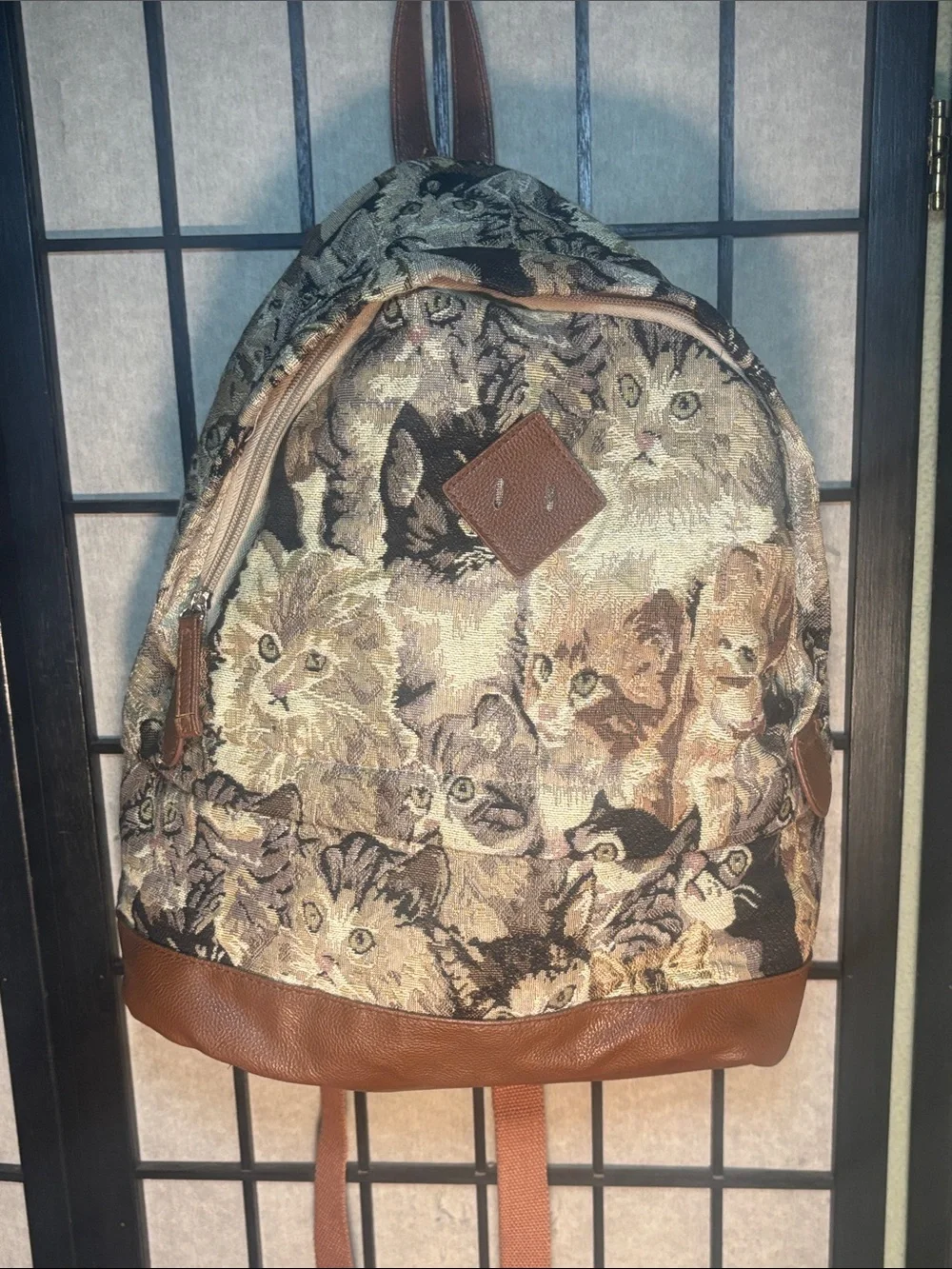 Brown & Multicolor Cat Print Tapestry Backpack